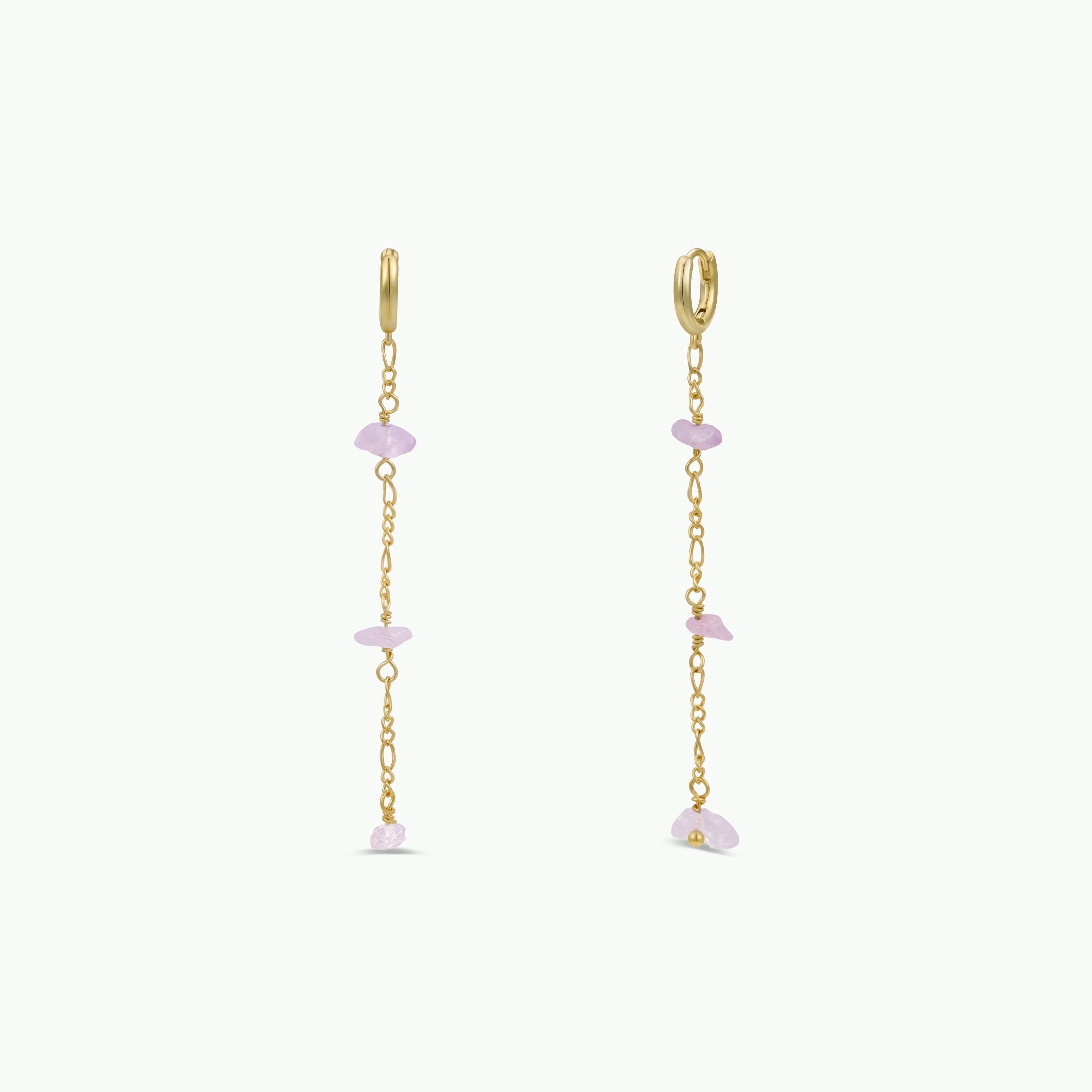 The Raw Gemstone Chain Drop Earring - Lilac Quartz features delicate gold links and spaced lilac quartz chips. These stunning, tarnish-free earrings are displayed on a plain white background.