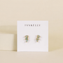 The Offset Trio - Amazonite by JaxKelly features 18K gold plated and pale green amazonite stud earrings, displayed on a white JaxKelly card with a soft beige background.