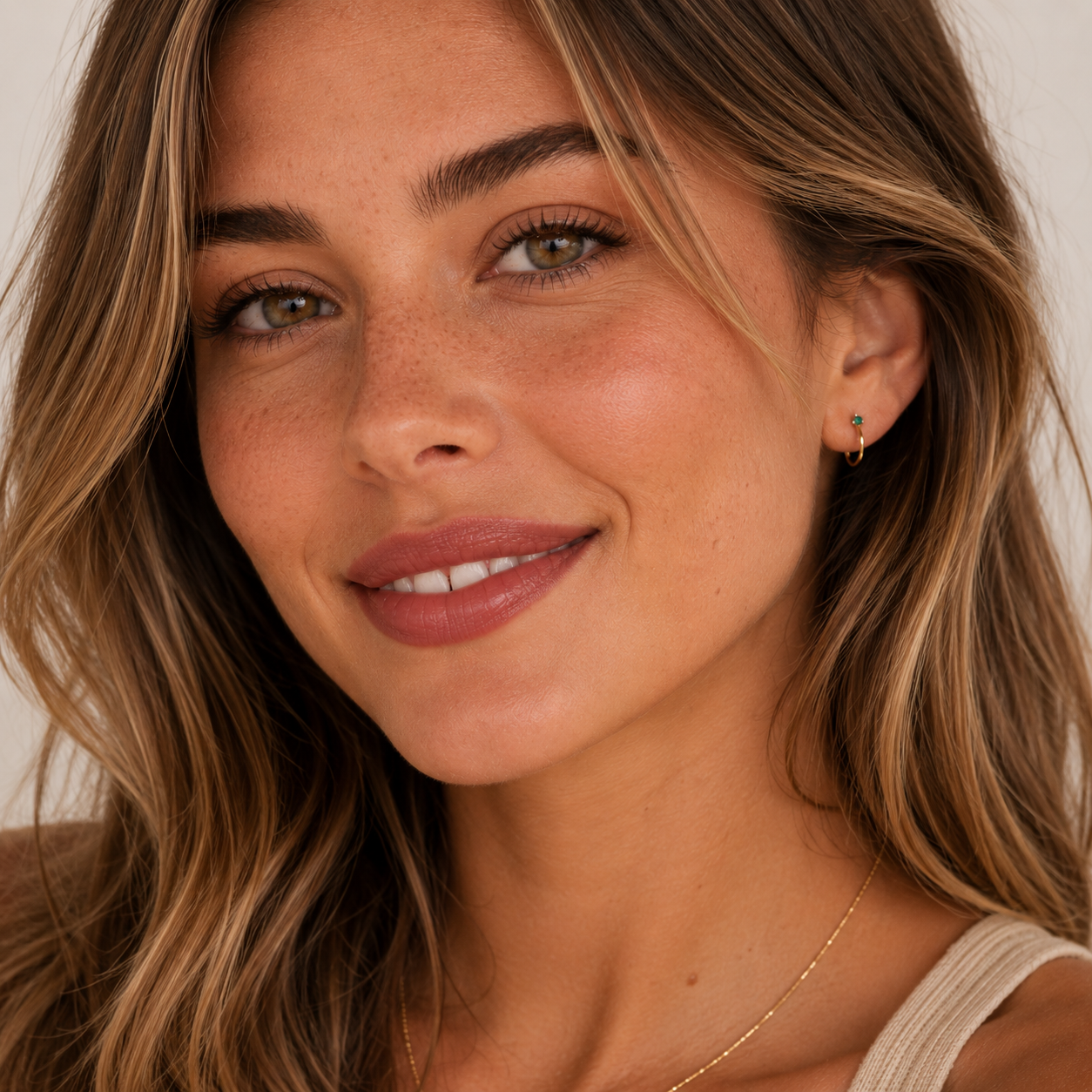 A woman with wavy light brown hair and green eyes smiles softly, wearing JaxKelly's Open Mini Hoop Earrings – Green Emerald, featuring hypoallergenic hoops with emerald CZ stones, paired with natural makeup, light freckles, and a beige top.