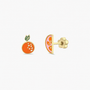 The JaxKelly Orange Enamel Flat Back Kids Earrings feature two hypoallergenic, mismatched studs: one whole orange with green leaves and white dots, and one half orange with pink segments—perfect for sensitive ears.