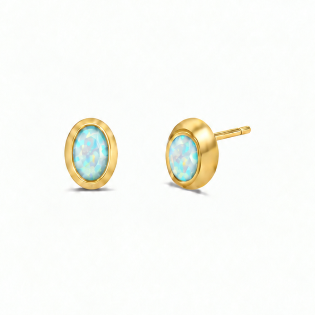 JaxKelly Oval Bezel - Fire Opal stud earrings featuring a bezel-set iridescent fire opal in a gold finish.