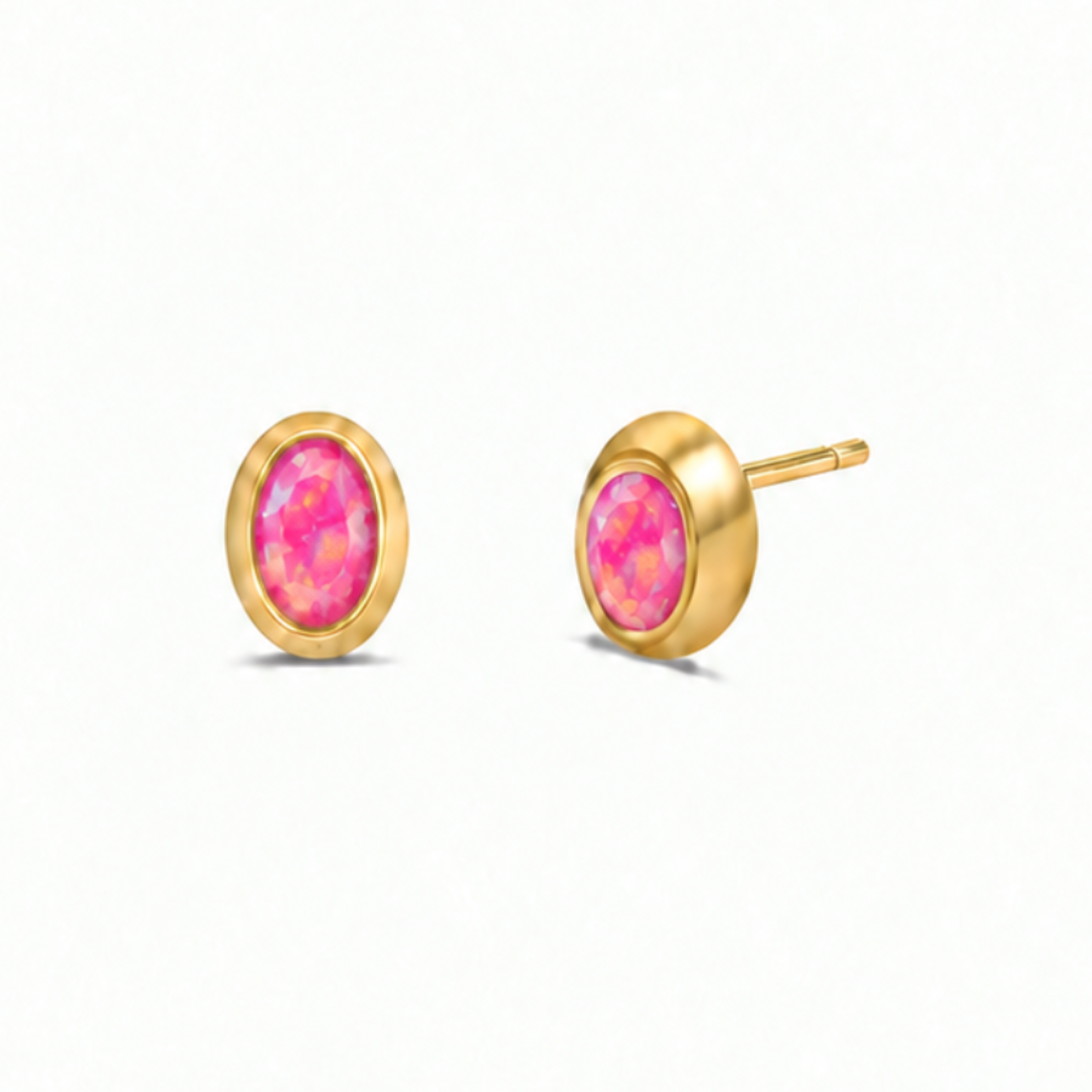 JaxKelly Oval Bezel - Pink Opal stud earrings in gold with oval, pink opal gemstones.