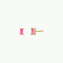 JaxKelly Pink Opal Baguette stud earrings feature rectangular lab-grown pink opal stones in four-prong gold settings, shown against a plain white background.