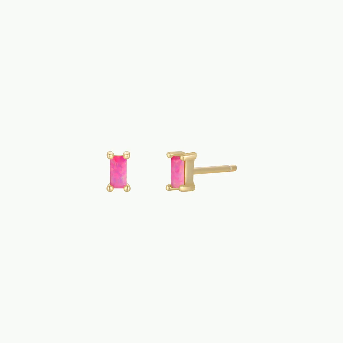 JaxKelly Pink Opal Baguette stud earrings feature rectangular lab-grown pink opal stones in four-prong gold settings, shown against a plain white background.