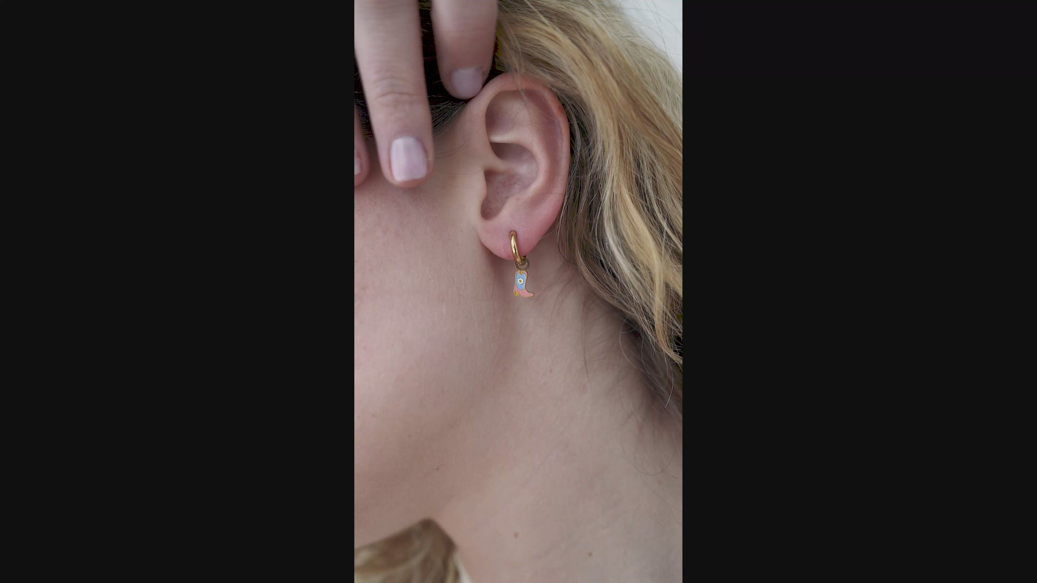 JaxKelly's Boot Enamel Charm Hoops on a model.