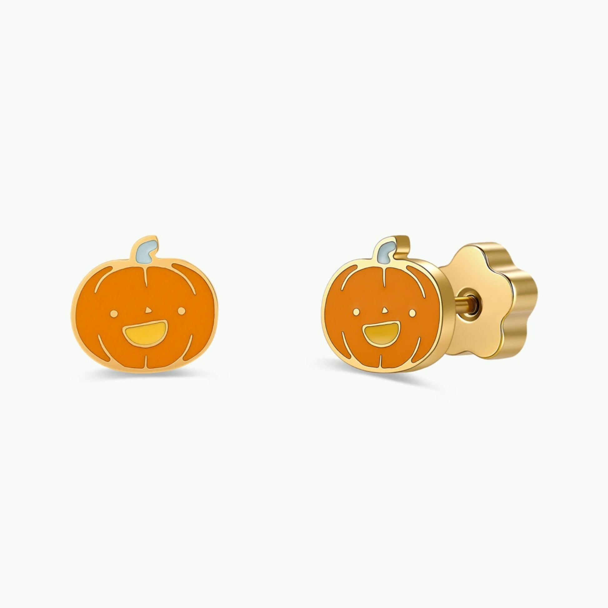Add a cheerful touch to your child’s look with the Pumpkin Enamel Flat Back Kids Earrings by JaxKelly. These small gold stud earrings are designed as smiling orange pumpkins, complete with carved face details and a shiny finish. Made from hypoallergenic materials to be gentle on sensitive ears, they’re perfect for kids and are shown here against a plain white background.