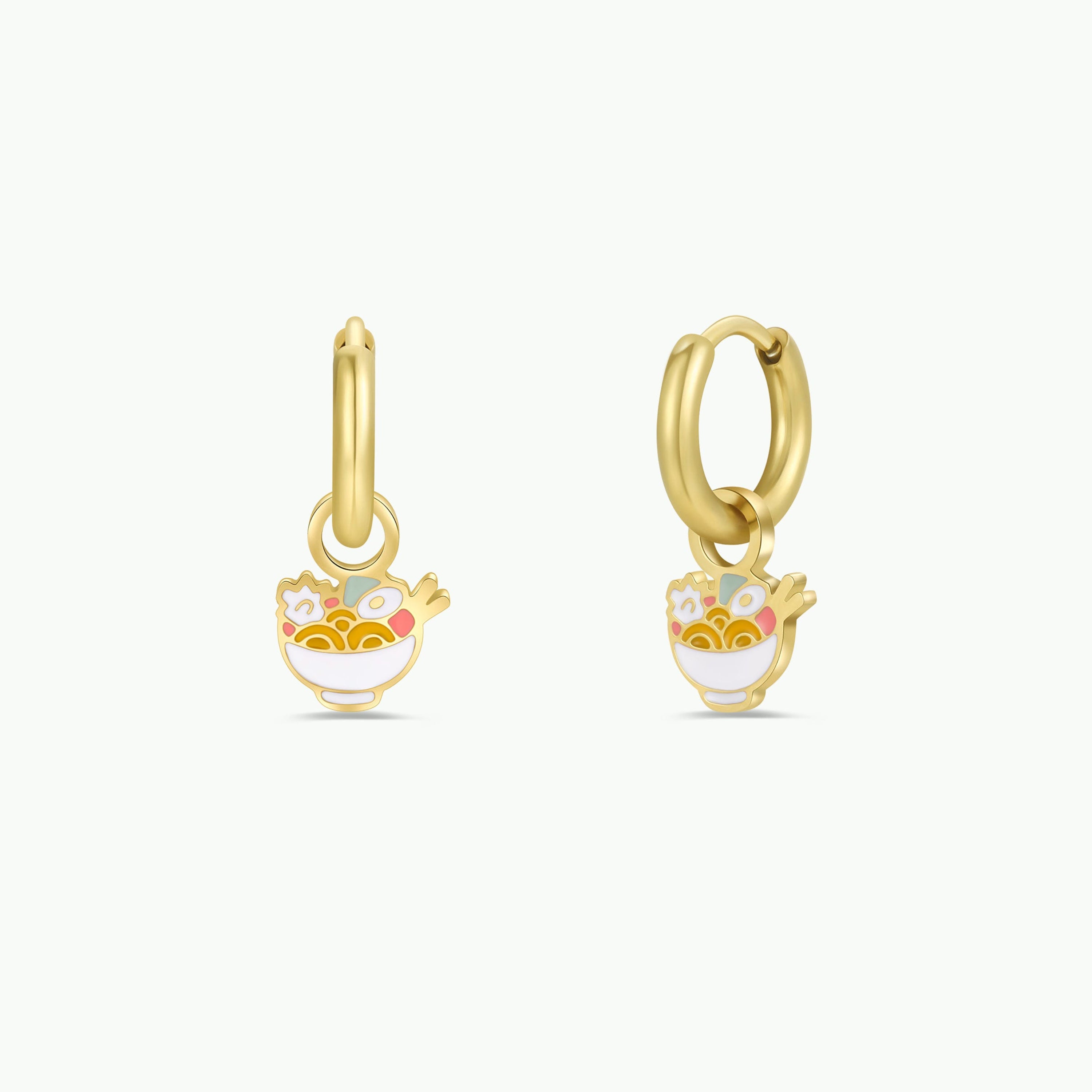 The Ramen Enamel Charm Hoop earrings are gold hoops with hypoallergenic posts, each adorned with a colorful ramen bowl charm featuring noodles, eggs, and chopsticks—perfect kids' earrings for sensitive ears against a white background.