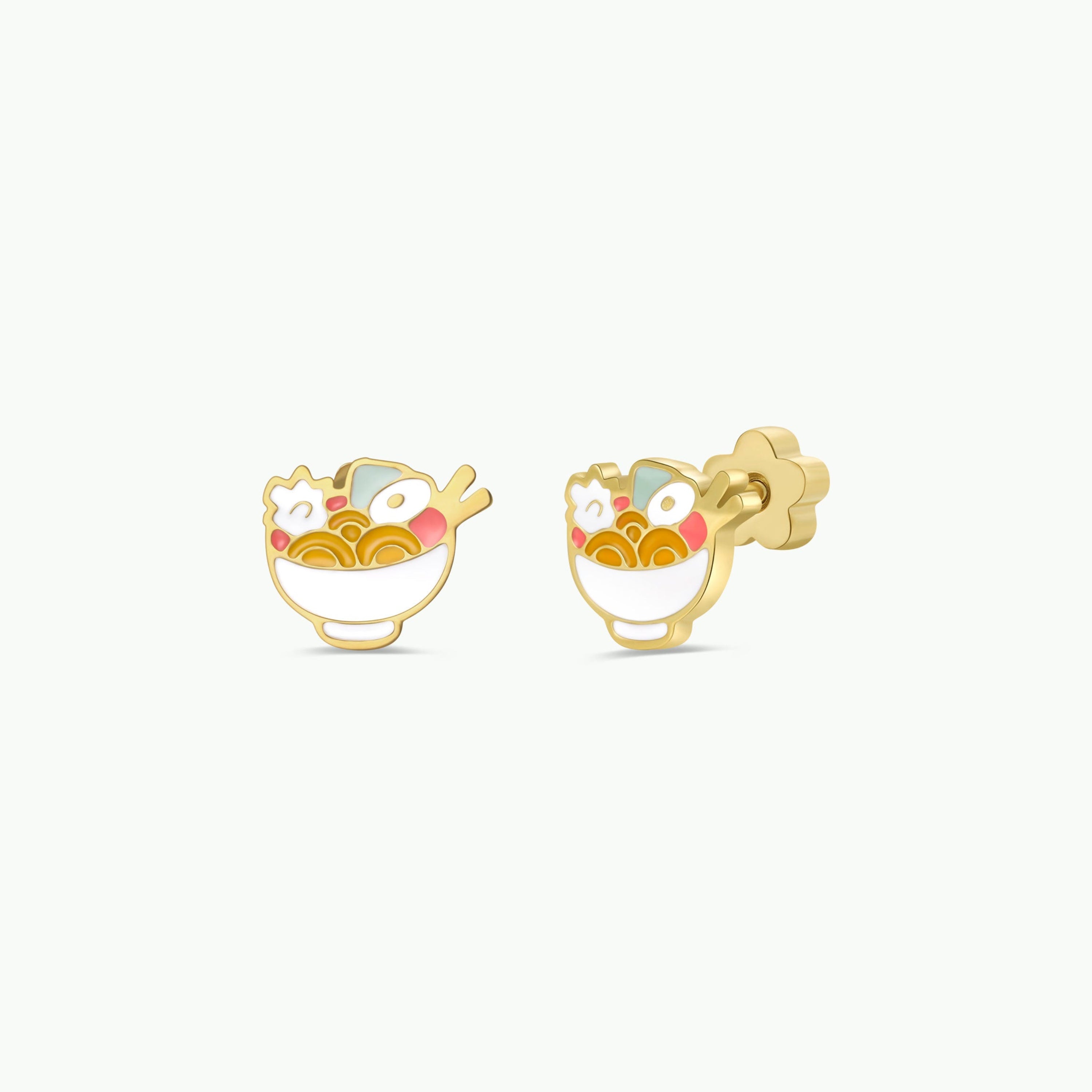 Ramen Enamel Flat Back Kids Earrings feature gold bowls with colorful enamel noodles, eggs, fish cakes, and veggies. Hypoallergenic with a shiny finish and secure screw-back design for kids. Shown on a plain white background.