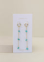 A pair of Raw Gemstone Chain Drop Earrings in tarnish-free gold featuring dangling chains and turquoise Amazonite stones, displayed on a white JaxKelly card labeled “AMAZONITE hope” against a neutral background.