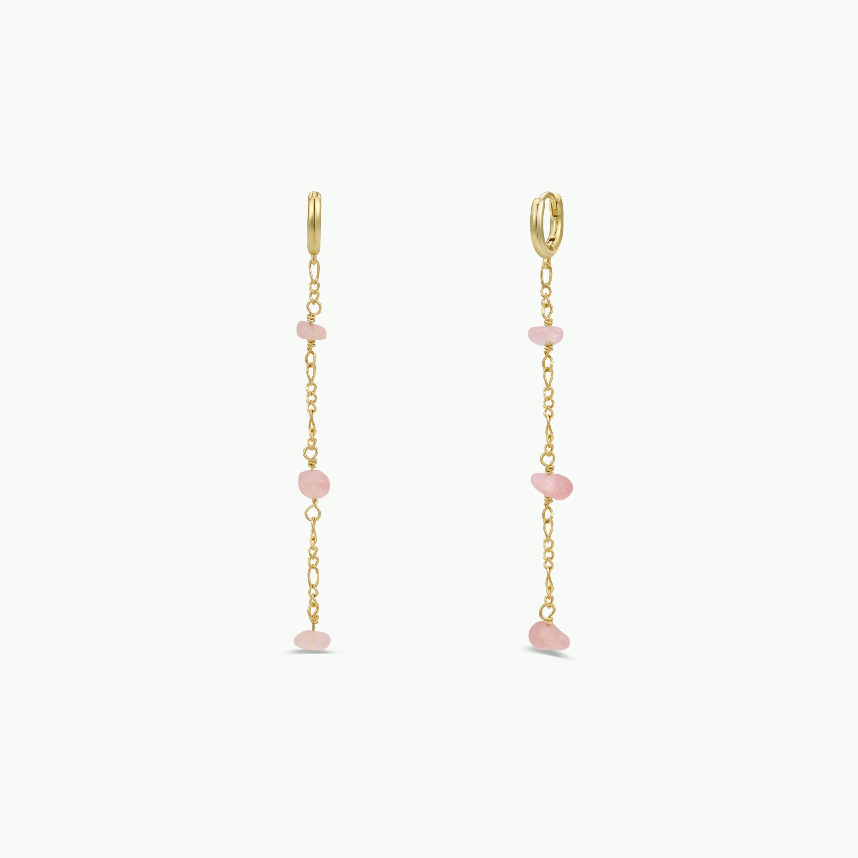 Raw Gemstone Chain Drop Earring - Rose Quartz features delicate gold chains with several small, irregular rose quartz stones, displayed on a plain white background.
