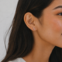 Close-up of a woman with long dark hair and smooth skin wearing JaxKelly's Rose Quartz Mineral Point - Love earring, a delicate rectangular gold stud. She’s in a white top against a light background—minimalist elegance.