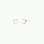 The Round - Mother of Pearl Gemstone - Gold Earrings feature gold-plated studs with round Mother of Pearl stones in gold prongs, displayed front and side on a plain white background.