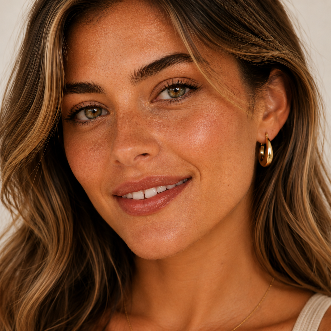 A woman with wavy brown hair, green eyes, and light freckles smiles softly. She wears JaxKelly’s tarnish-free Sculptural Wide Hoop earrings (18K gold plated) and a light top against a plain background.