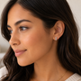 A woman with long brown hair and radiant skin wears JaxKelly's Silver Bar Druzy earrings and a delicate gold necklace. She looks to the side with a gentle smile, dressed in a light-colored top.