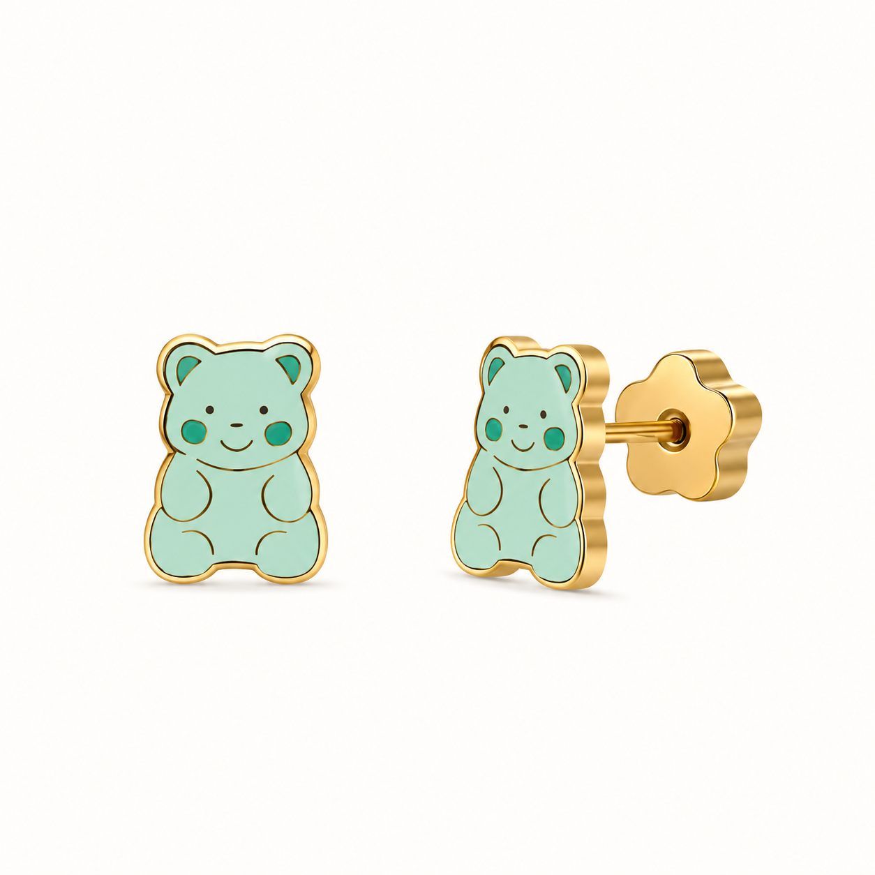 Sugar Bear Flat Back Kids Earrings featuring gold stud earrings shaped like light green gummy bears with flower-shaped flat backs, crafted as hypoallergenic kids earrings.