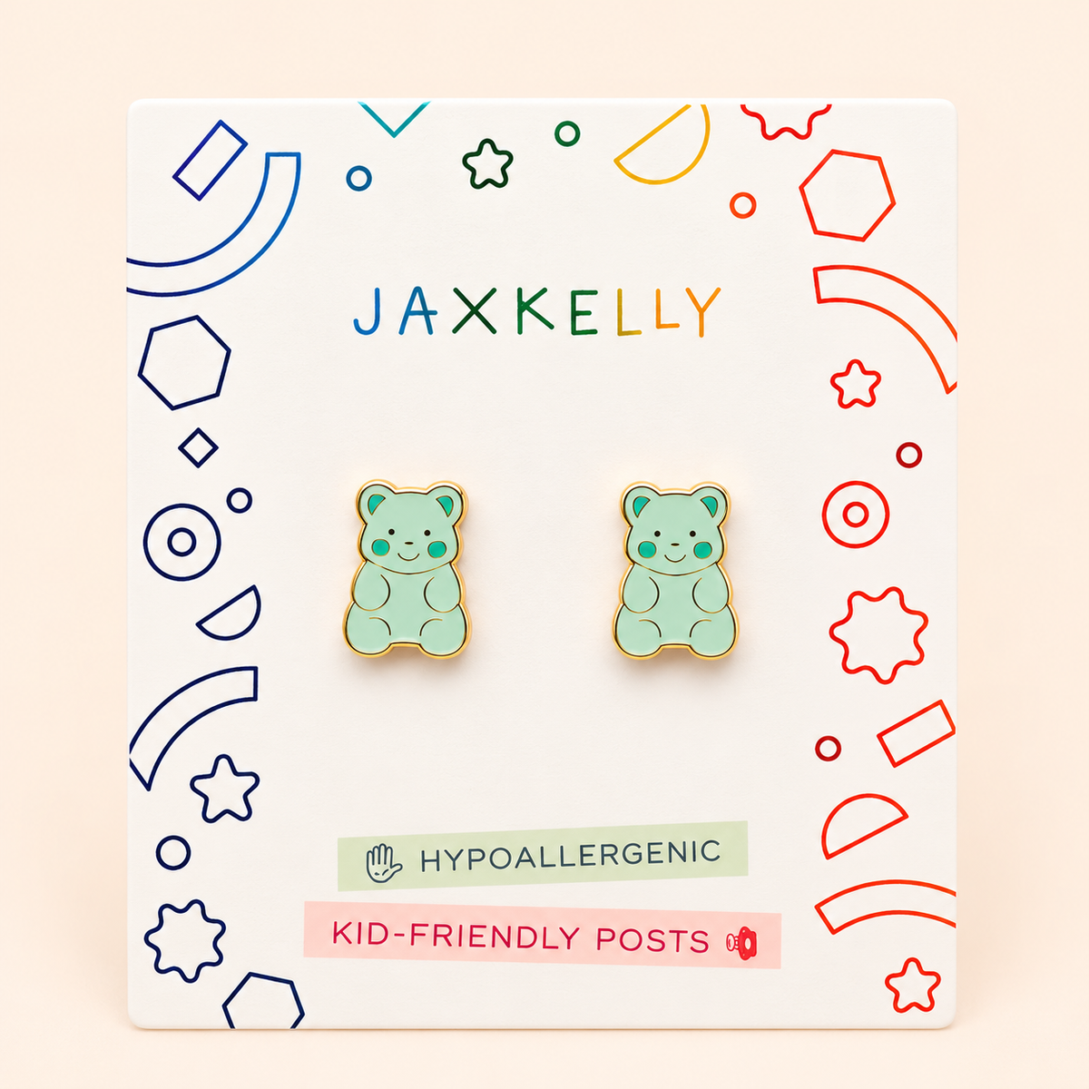 Two light green gummy bear Sugar Bear Flat Back Kids Earrings on a display card with colorful geometric shapes, labeled as hypoallergenic with kid-friendly surgical-grade stainless steel posts.