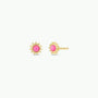 The JaxKelly Pink Opal Sun Stud earrings feature jagged gold rays and round Pink Opal centers, shown on a white background.