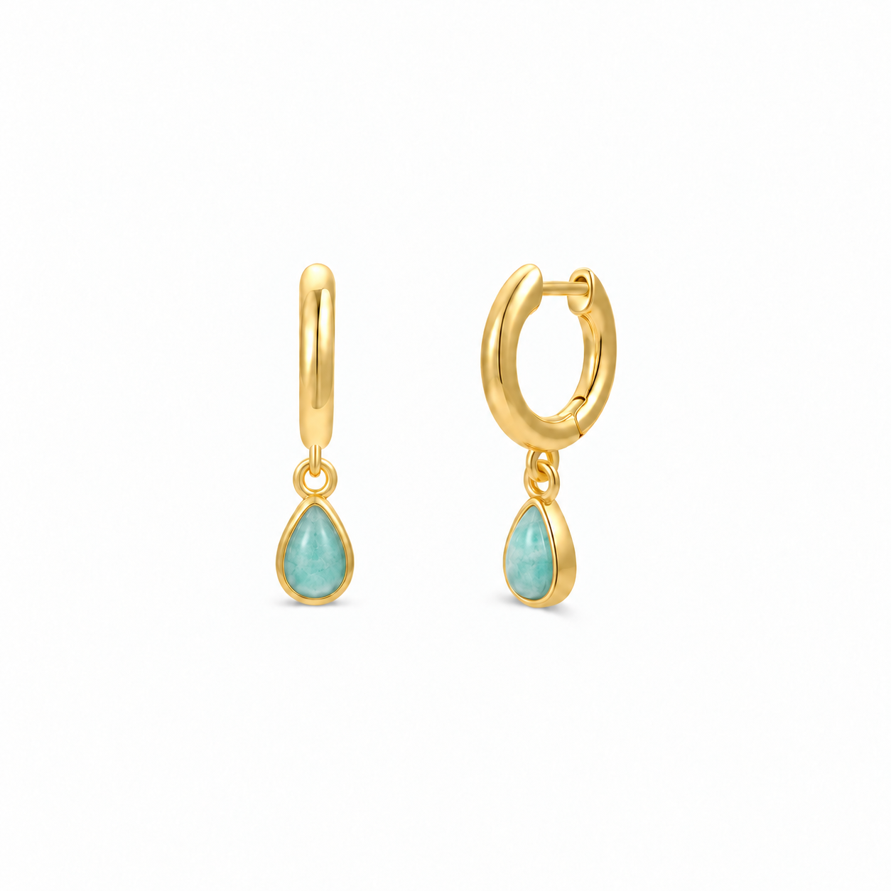 JaxKelly Teardrop Charm Hoop - Amazonite: 18K gold plated hoop earrings with dangling teardrop-shaped light blue stone charms.