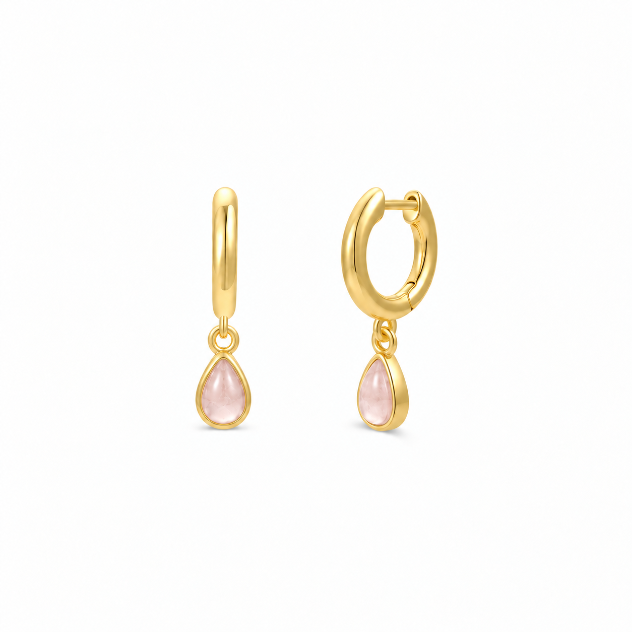JaxKelly Teardrop Charm Hoop - Rose Quartz earrings featuring gold hoops with dangling, teardrop-shaped rose quartz charms.