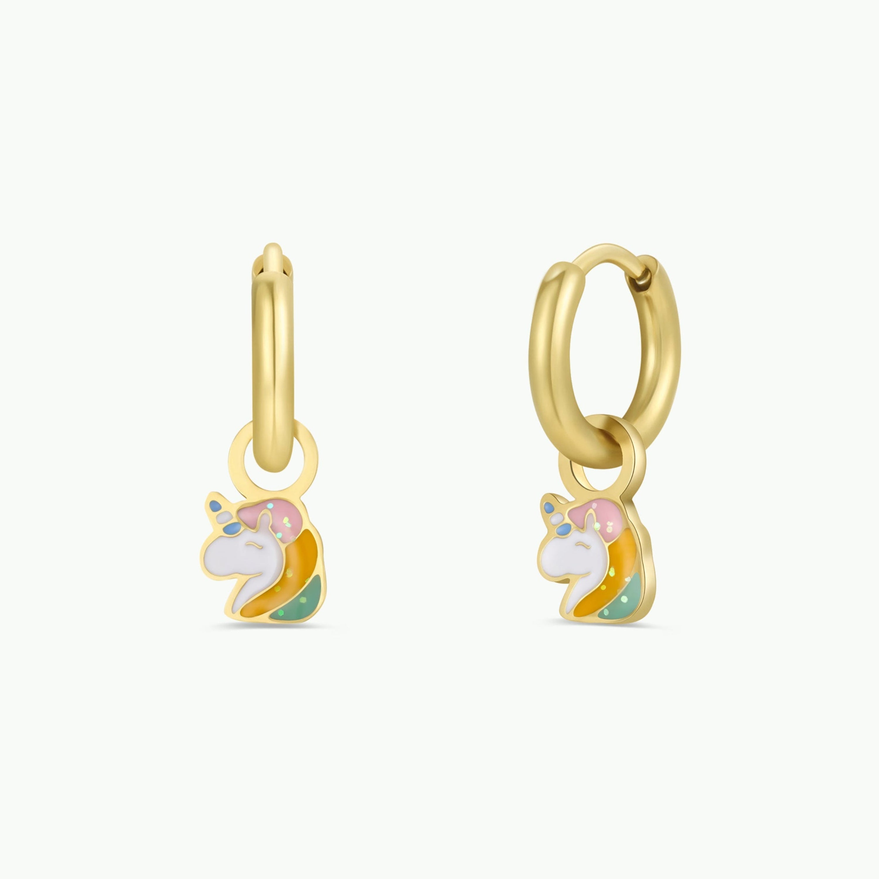 The Unicorn Enamel Charm Hoop is a pair of kids’ gold hoop earrings made from surgical grade stainless steel, featuring colorful unicorn charms—ideal hypoallergenic earrings for sensitive ears.