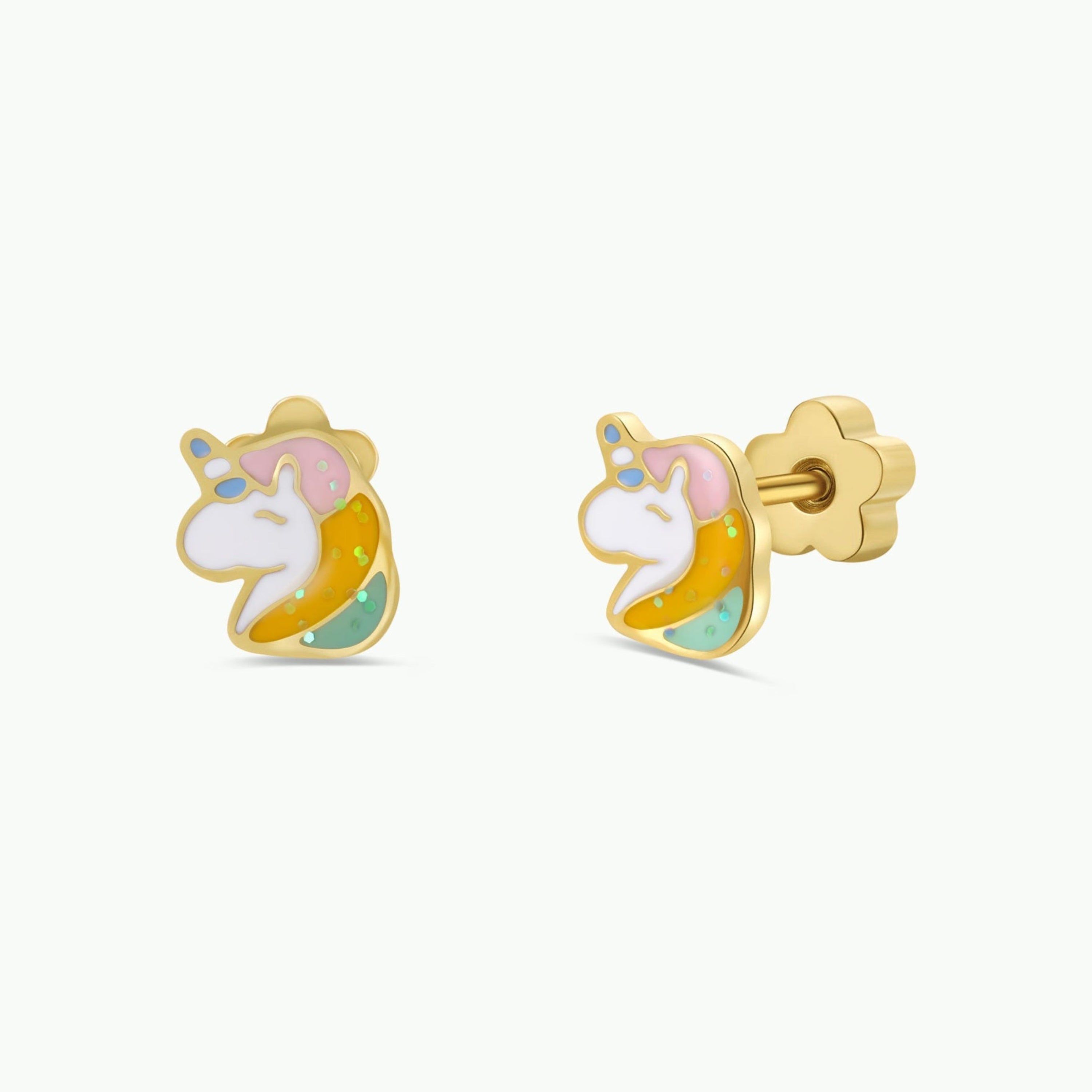 Unicorn Enamel Flat Back Kids Earrings with colorful pink, white, orange, yellow, and turquoise enamel accents. These hypoallergenic earrings feature playful unicorns with golden horns—perfect for sensitive ears.