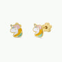 Unicorn Enamel Flat Back Kids Earrings with colorful pink, white, orange, yellow, and turquoise enamel accents. These hypoallergenic earrings feature playful unicorns with golden horns—perfect for sensitive ears.
