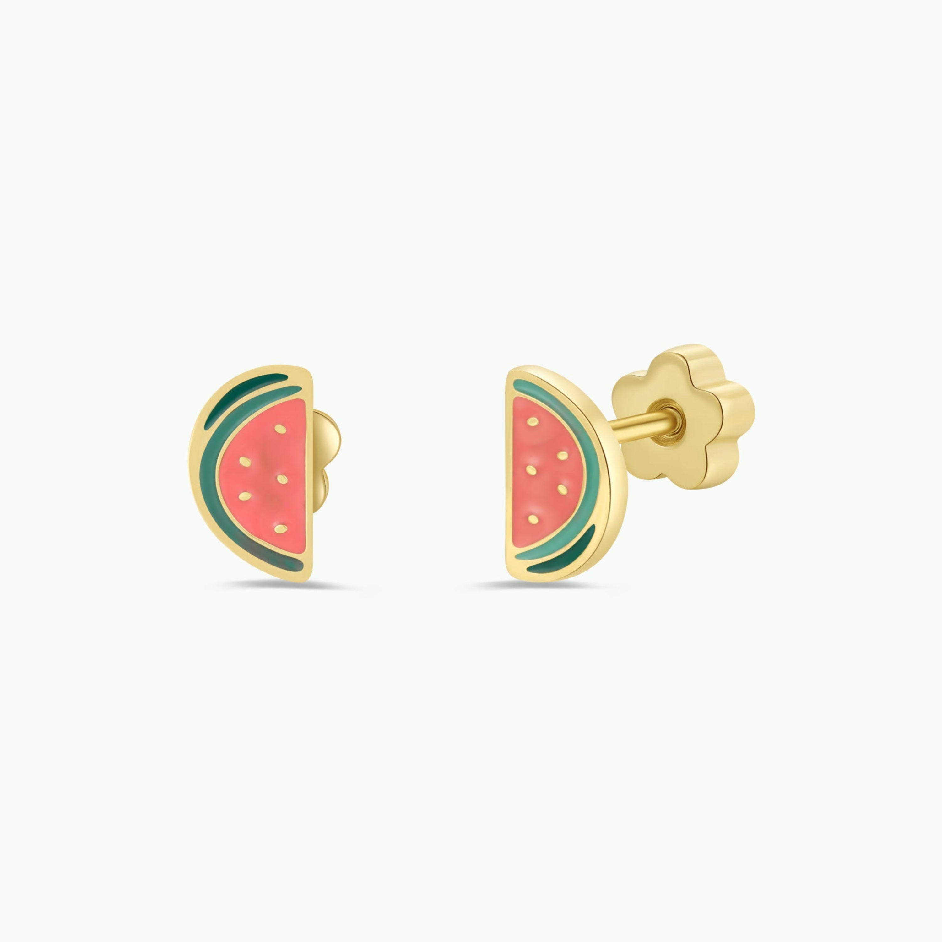 Watermelon Enamel Flat Back Kids Earrings feature gold studs shaped like watermelon slices with pink enamel, yellow seeds, and green rind. Hypoallergenic design shown from front and side on a plain white background.