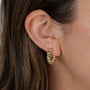 Close-up of a light-skinned person with brown hair tucked behind their ear, wearing the Twisted Hoop—an elegant, small 18k gold plated earring with a sterling silver post for comfort.
