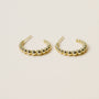 The Large Ball Hoop earrings are gold-plated hoops with small connected beads and sterling silver posts, displayed side by side on a light beige background.