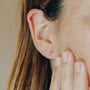 Close-up of a person's ear adorned with the Tiny White Opal Heart earring. A hand with light pink nail polish gently touches the cheek, while brown hair is tucked back to showcase the shimmering lab-grown opal stud.