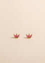 The Pink Opal Crown features delicate stud earrings, each with three marquise-shaped pink lab-grown stones in a fan design, set with 18k gold plated prongs against a light background.