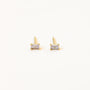 Lilac Baguette stud earrings feature small rectangular clear gemstones with 18k gold plating on sterling silver posts, shown on a plain white background.