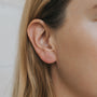 Close-up of a woman's ear with straight, light brown hair wearing the Minimalist Bar— a small, slim earring crafted in 18k gold plated sterling silver. The blurred background highlights its elegant and delicate details.