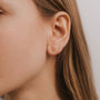 Close-up of a person's ear with straight light brown hair, wearing the Star & Constellation 18k gold plated star-shaped stud earring. The plain, blurred background highlights the celestial charm of this delicate jewelry piece.
