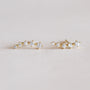 The White Crawler earrings are delicate 18k gold-plated pieces with a curved line of sparkling cubic zirconia, showcased on a neutral background.