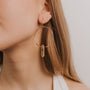 Close-up of a woman's ear wearing JaxKelly's Citrine Hoop - Success: large gold hoops with a clear crystal pendant. Her long hair is tucked behind her ear, and she wears a white top—ideal for those seeking stylish, hypoallergenic jewelry.