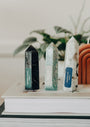A polished Labradorite Crystal Point stands on a closed book, labeled with its name. Known for creating a protective aura, the stone is set against a blurred green plant in the background.
