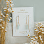 JaxKelly’s Gemstone Threader - Amazonite earrings feature gold plating and pale blue amazonite stones, displayed on a white card reading “Wear Good Vibes” and “AMAZONITE hope”—perfect for lasting style.