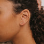 Close-up of a person’s ear with gold jewelry: a small gold hoop in the upper cartilage and a Citrine - Mini Energy Gems - Success stud with 18k gold plating in the earlobe. The person has curly dark hair pulled back.