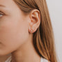 Close-up of a woman’s ear wearing a small, delicate Mother of Pearl Mini Energy Gems - Calming stud earring in 18k gold plated finish. The side of her face and straight, light brown hair are visible against a plain background.