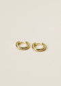 The Small Rectangular Hoop earrings, featuring a smooth gold finish and sterling silver posts, are displayed side by side on a light, neutral background.