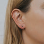 Close-up of a person’s ear wearing Sun & Moon earrings: a sterling silver sun stud and an 18k gold plated crescent moon stud. Their straight, light brown hair is tucked behind the ear against an out-of-focus background.
