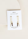 Gemstone Threader - Smoky Quartz by JaxKelly: 18k gold plated threader earrings with smoky quartz crystal pendants, displayed on a white card labeled “Wear Good Vibes™—Smoky Quartz—protection,” resting on a neutral, curved surface.